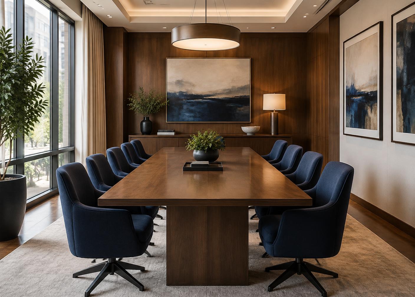 Conference room with a long wood table and upholstered chairs available to office suite tenants