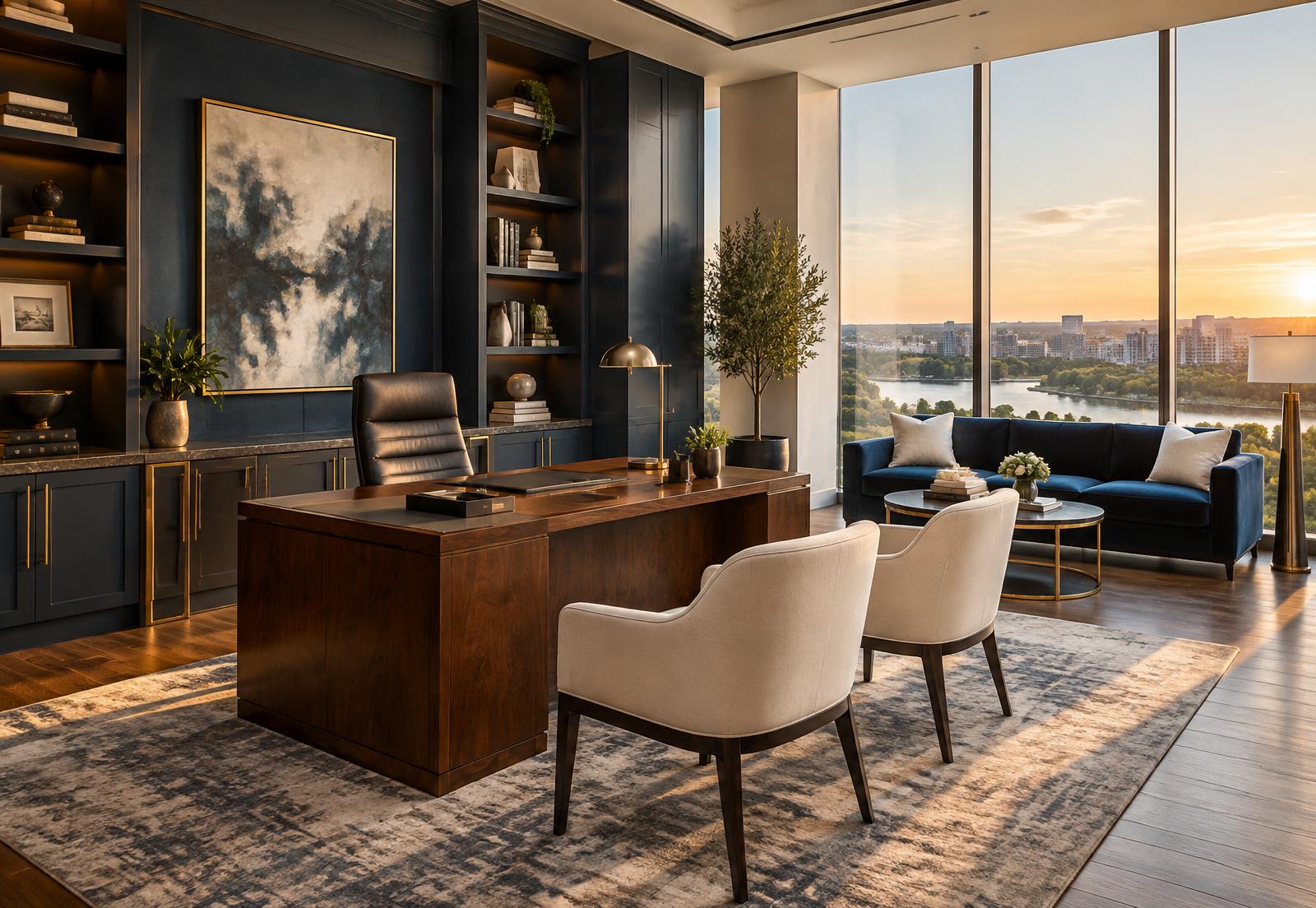 Furnished private executive office suite with a wood desk, seating area, and large windows