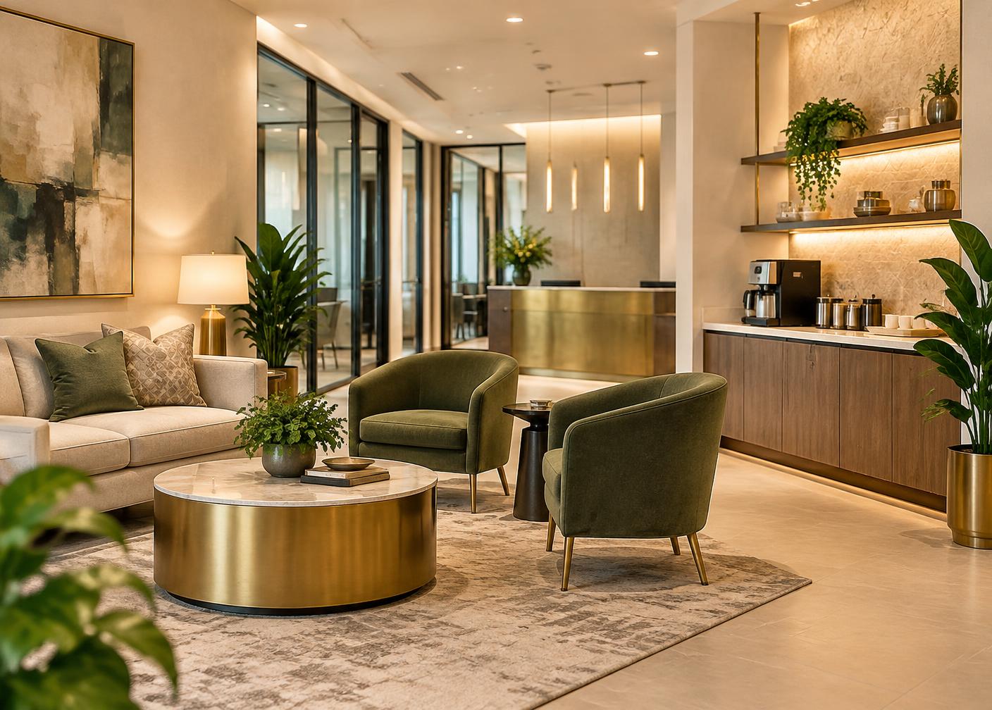 Reception lounge with comfortable seating and a coffee station at an Atlanta office suite building